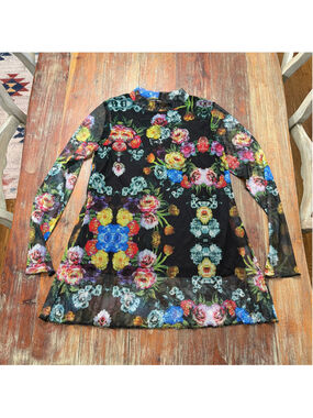 Clotheshead Sheer Mesh Floral Tunic Top Mock Neck Long Sleeve Multicolored Small